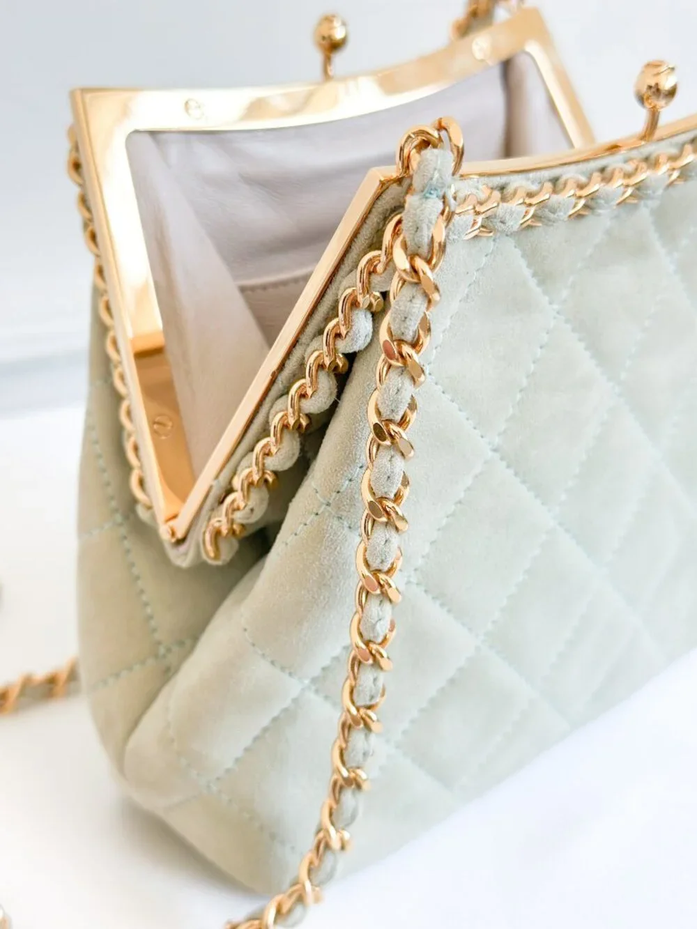 Vintage Chanel Quilted Suede Chain Frame Bag – Mint Green Kiss Lock Shoulder Bag